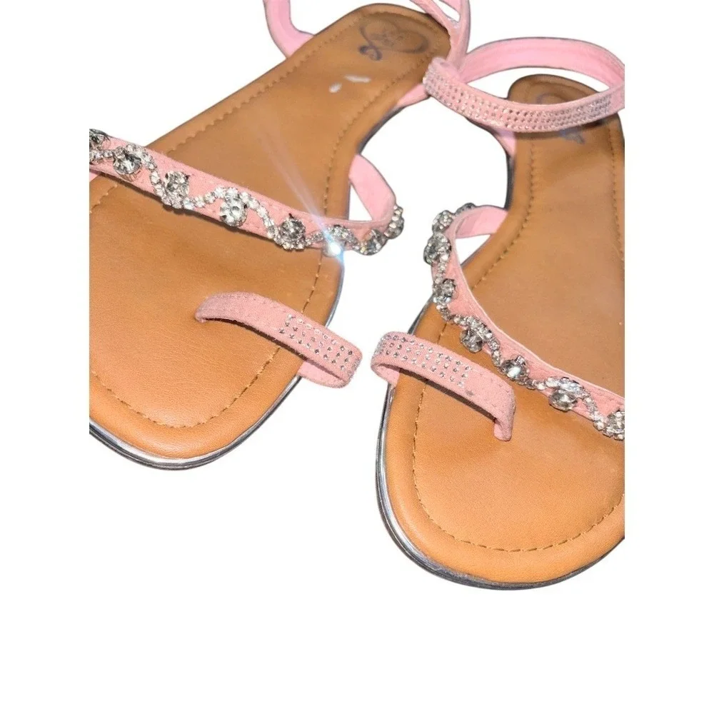 Women's  Dress Sandals Size 10 Pink Rhinestone Ankle Strap Flat Buckle